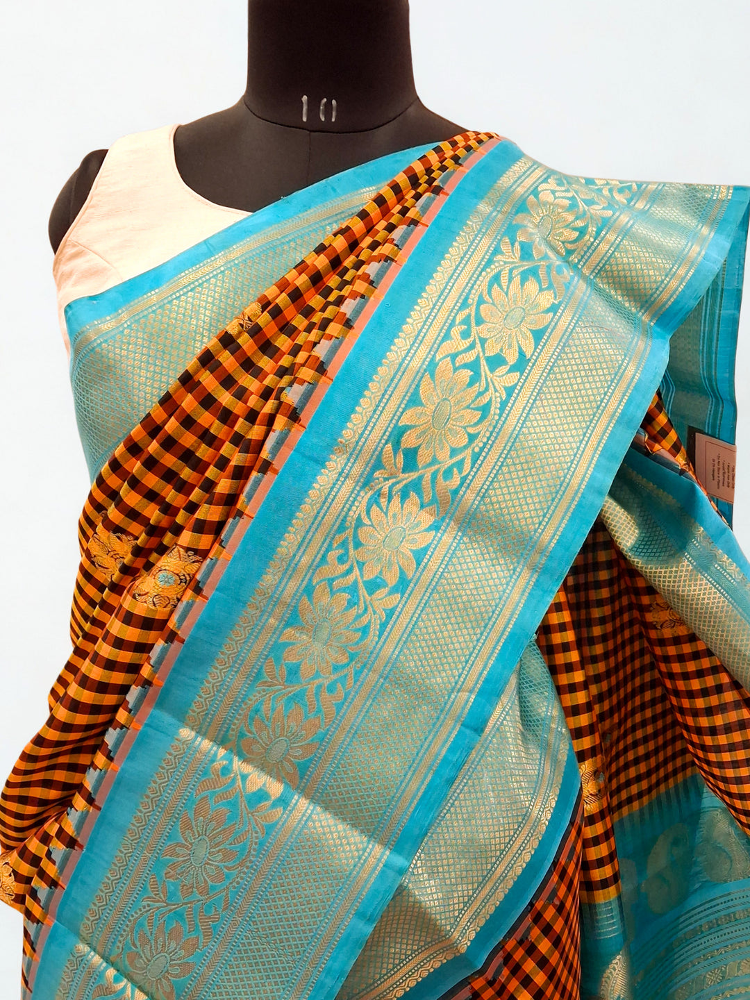 Mustard yellow checks silk gadwal saree