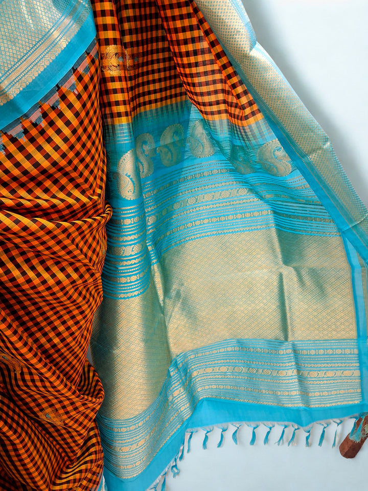 Mustard yellow checks silk gadwal saree