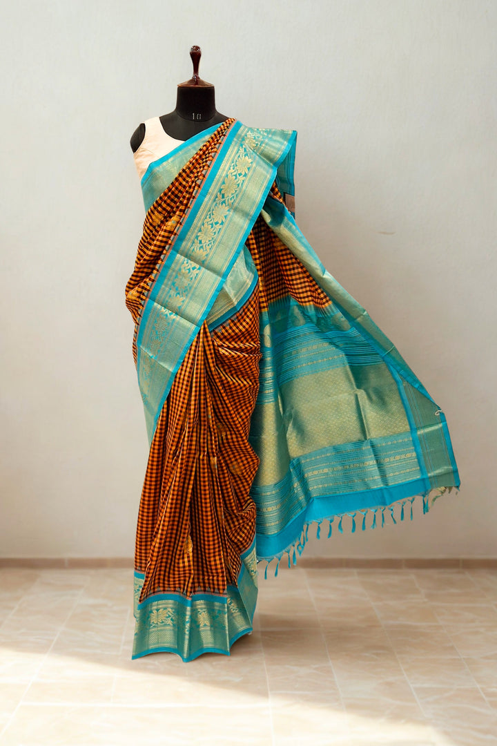 Mustard yellow checks silk gadwal saree