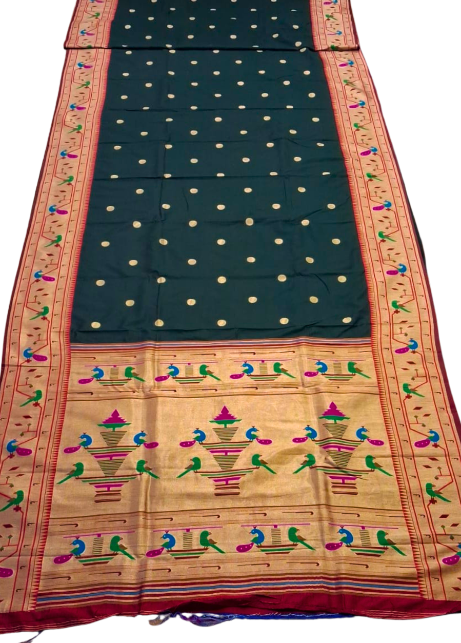 Black parrot and peacock border semi paithani saree