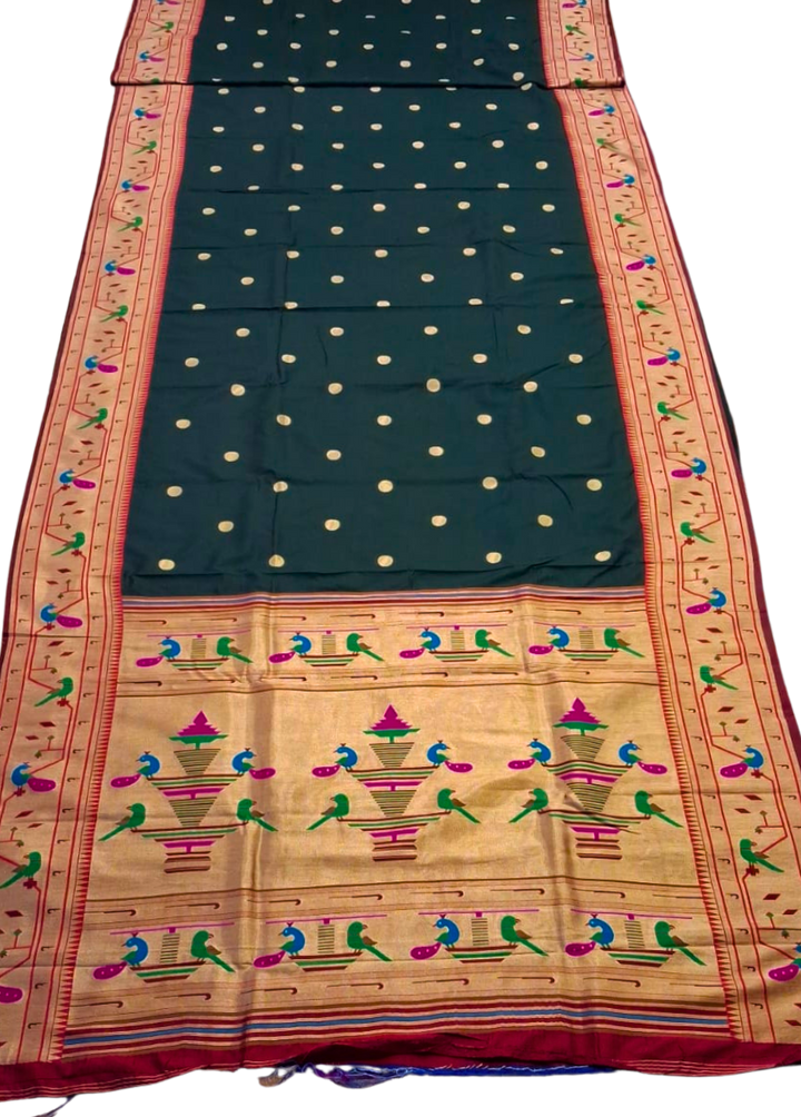 Black parrot and peacock border semi paithani saree