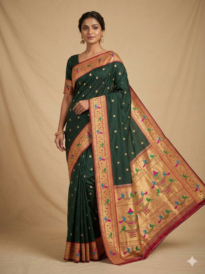 Black parrot and peacock border semi paithani saree