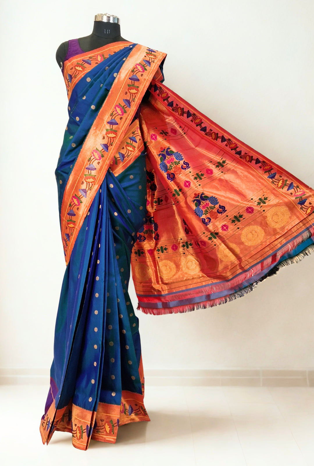 Peacock Blue Paithani with Gold Zari Border