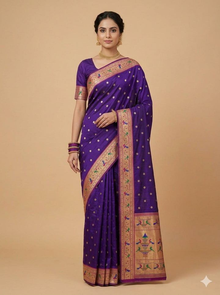 Navy blue parrot peacock border semi paithani saree