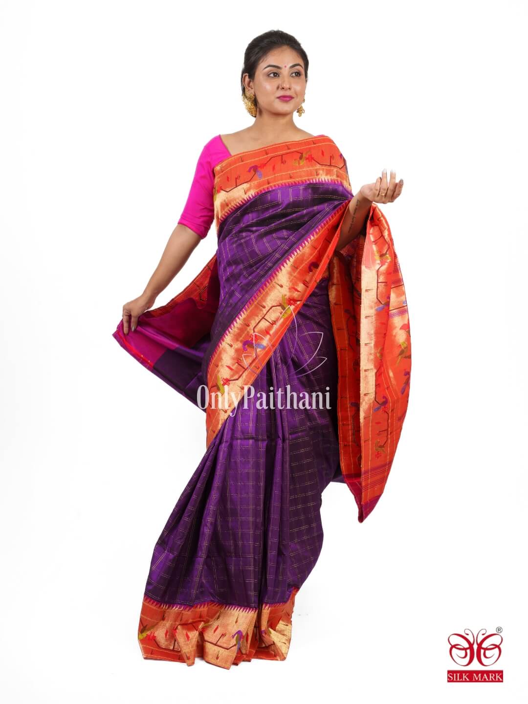 Purple checks silk paithani saree