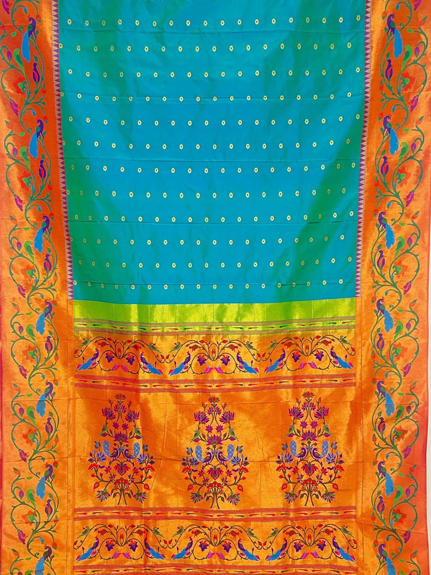 Turquoise peacock border silk paithani saree