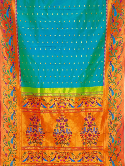 Turquoise peacock border silk paithani saree