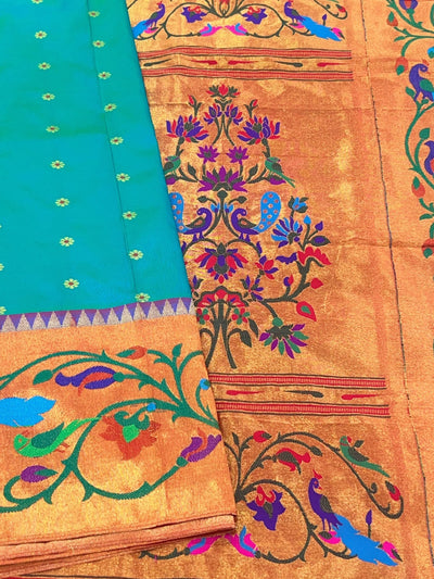 Turquoise peacock border silk paithani saree