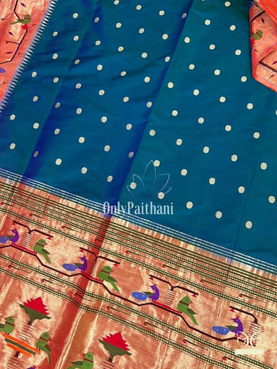 Peacock blue silk paithani saree with parrot and peacock border