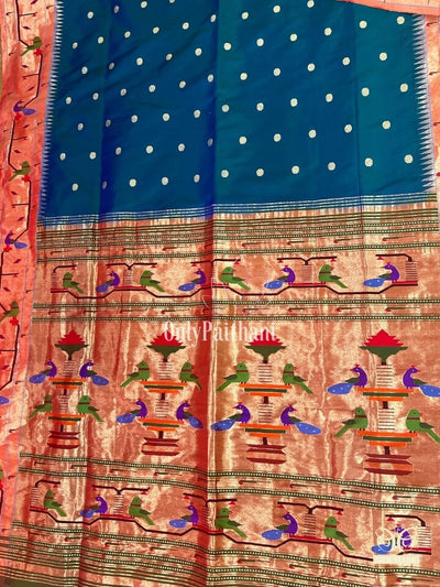 Peacock blue silk paithani saree with parrot and peacock border