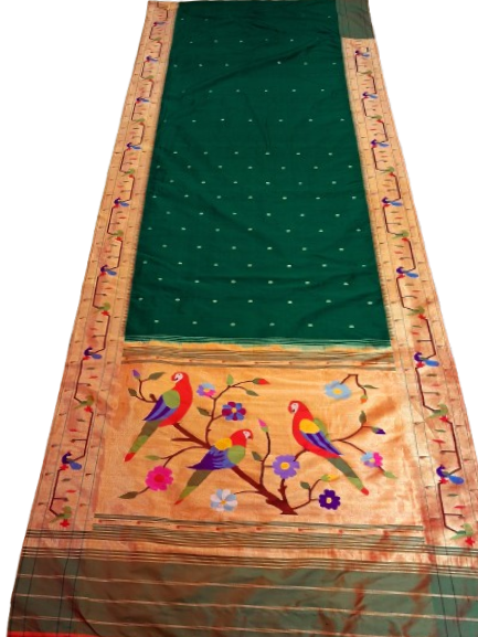 Bottle green parrot and peacock border silk paithani saree