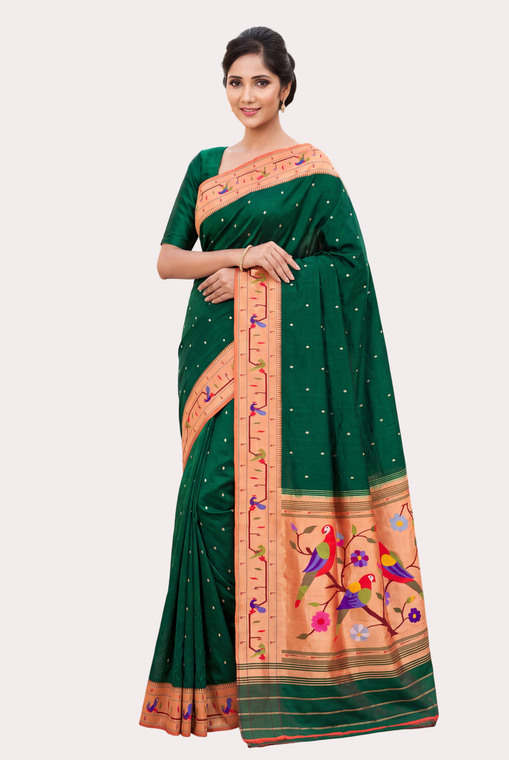 Bottle Green Parrot and Peacock Border Silk Paithani