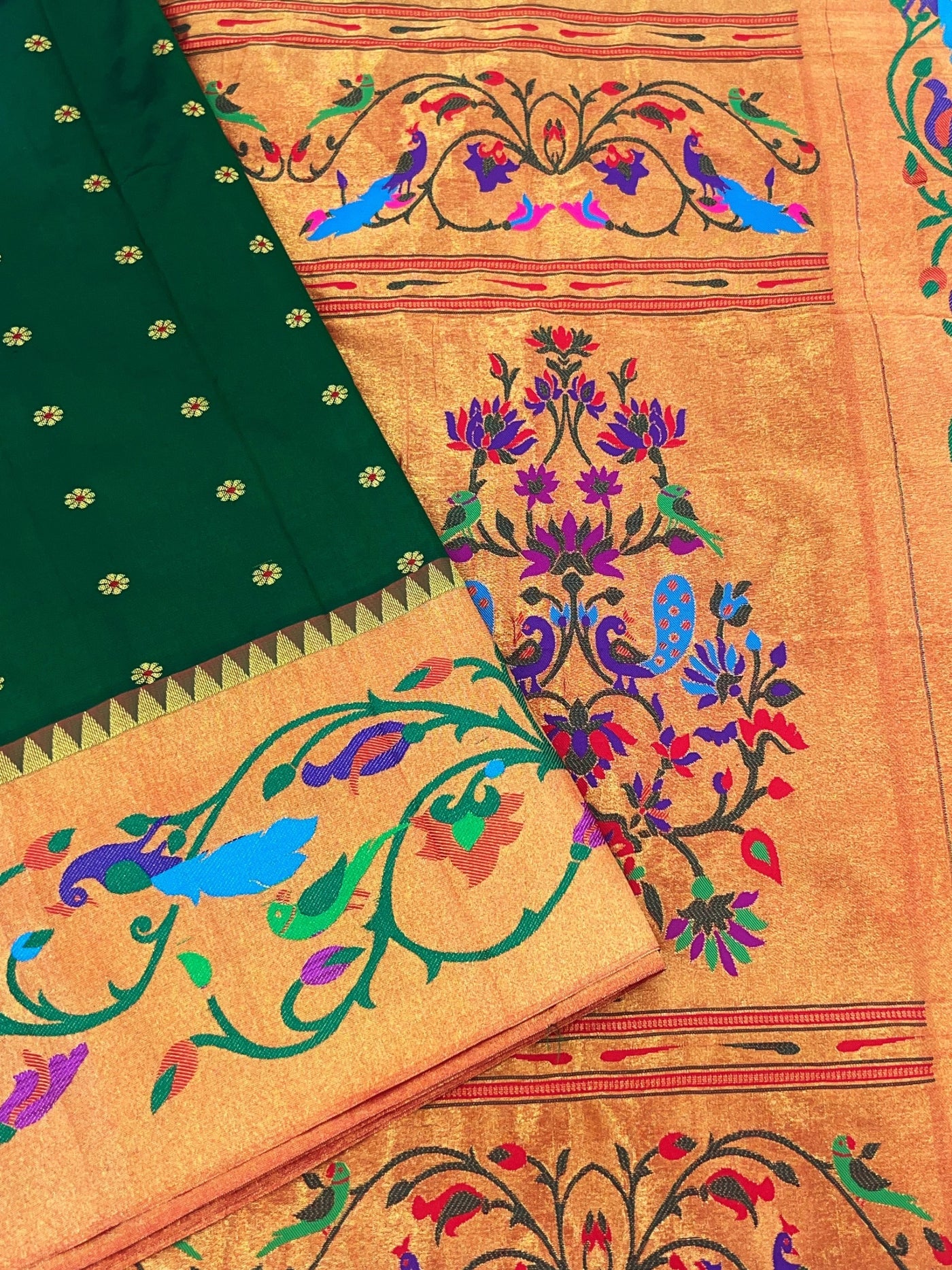 Bottle green peacock border silk paithani saree