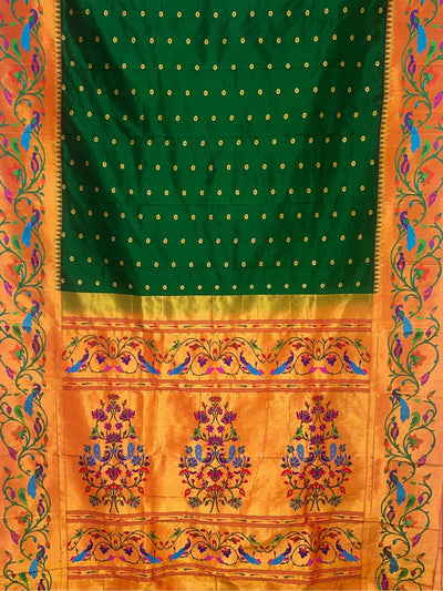 Bottle green peacock border silk paithani saree