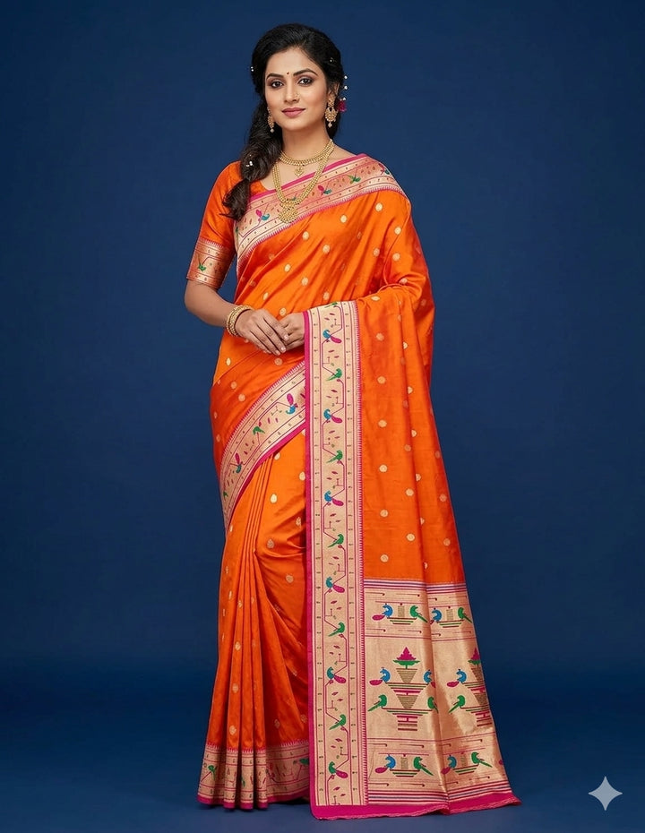 Saffron parrot and peacock border semi paithani saree
