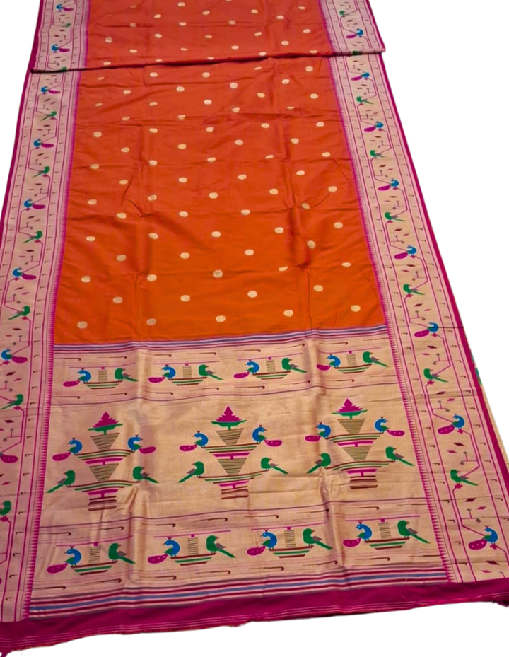 Saffron parrot and peacock border semi paithani saree