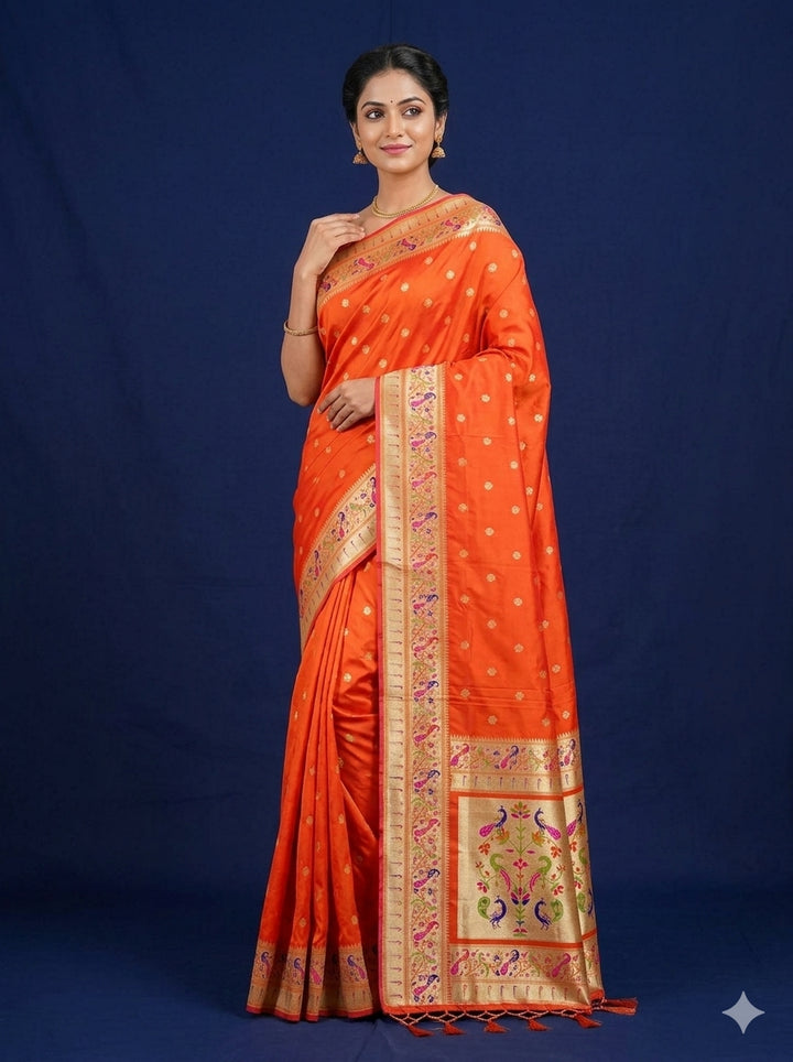 Orange floral border semi paithani saree