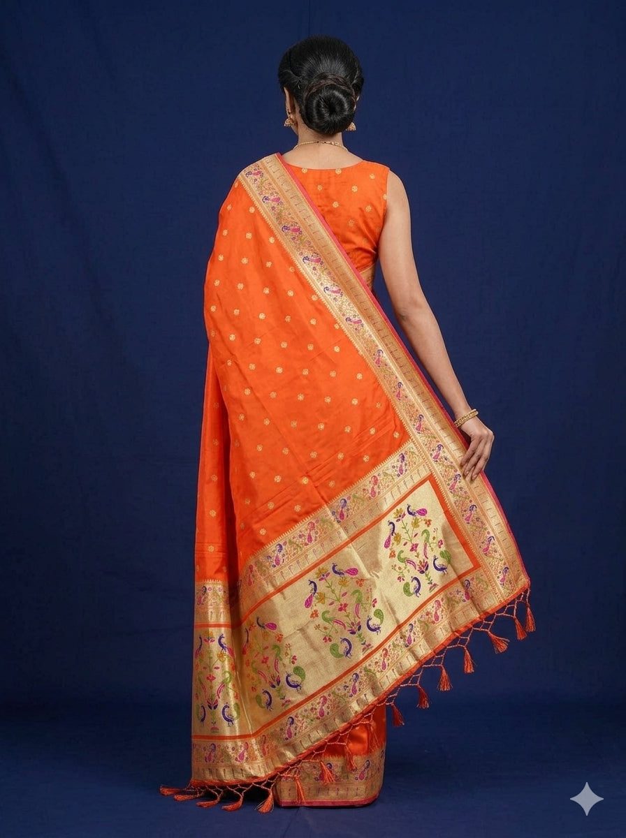 Orange floral border semi paithani saree