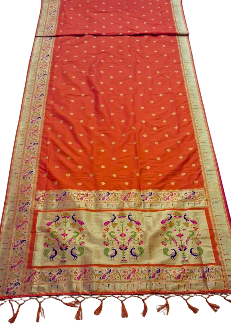 Orange floral border semi paithani saree