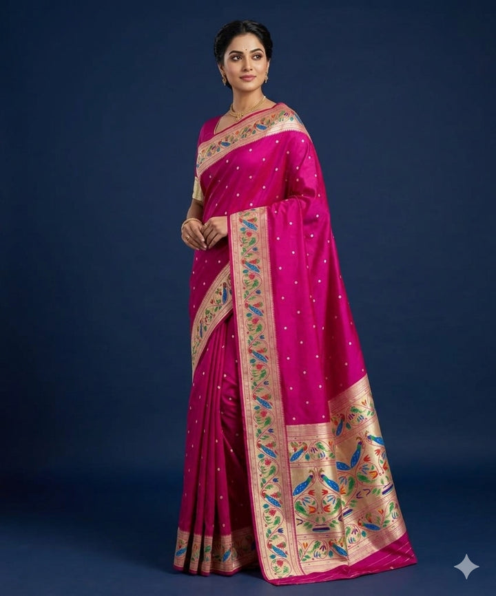Pink lotus and peacock border semi paithani saree