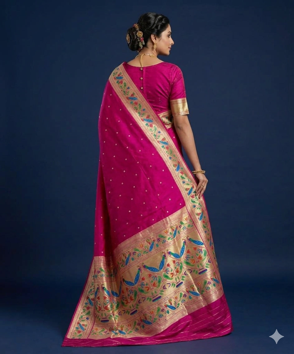 Pink lotus and peacock border semi paithani saree