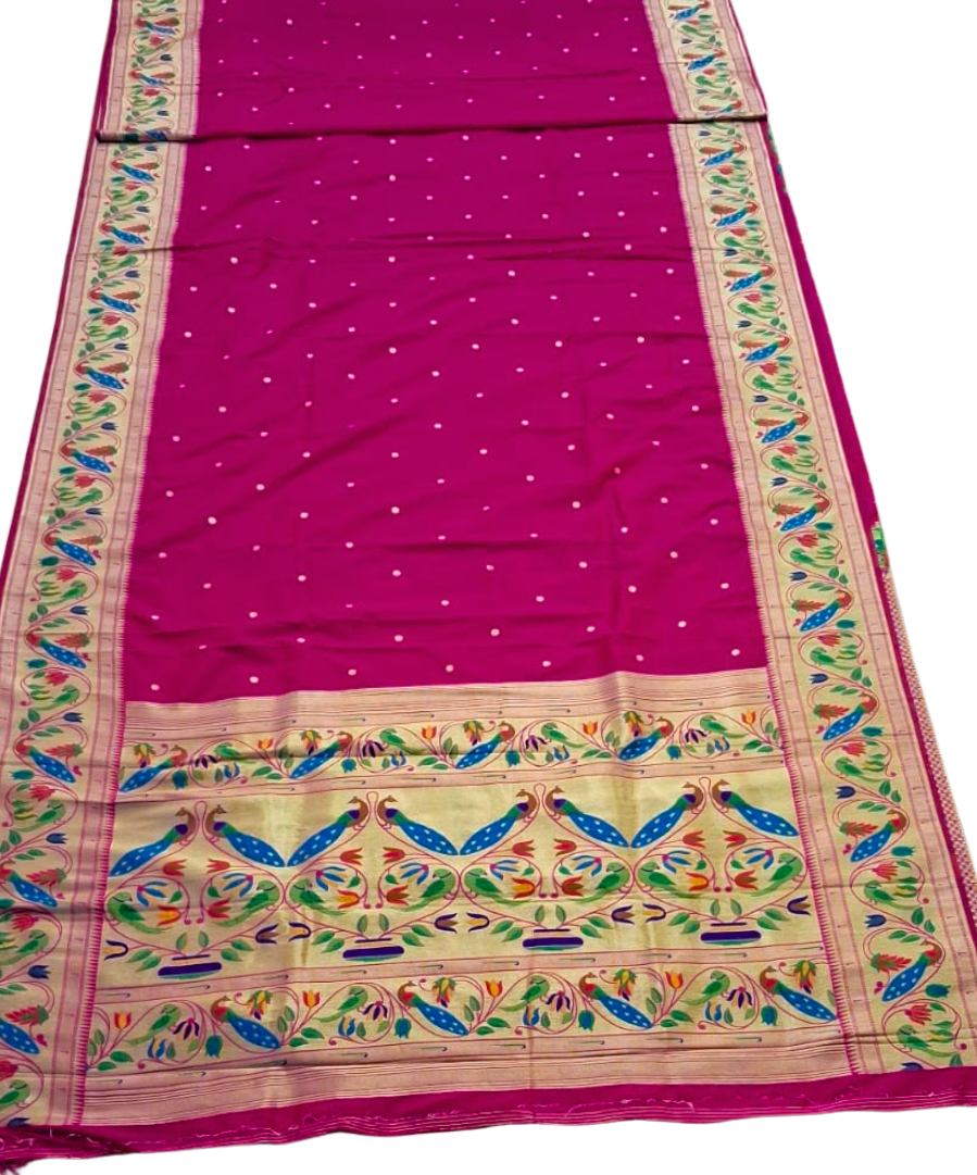 Pink lotus and peacock border semi paithani saree