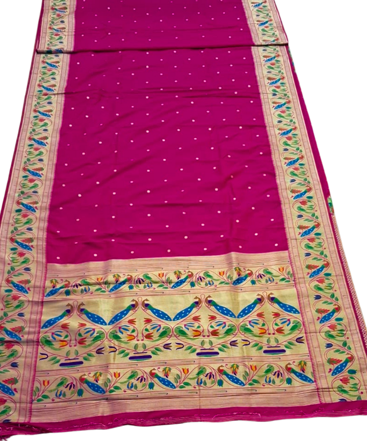 Pink lotus and peacock border semi paithani saree