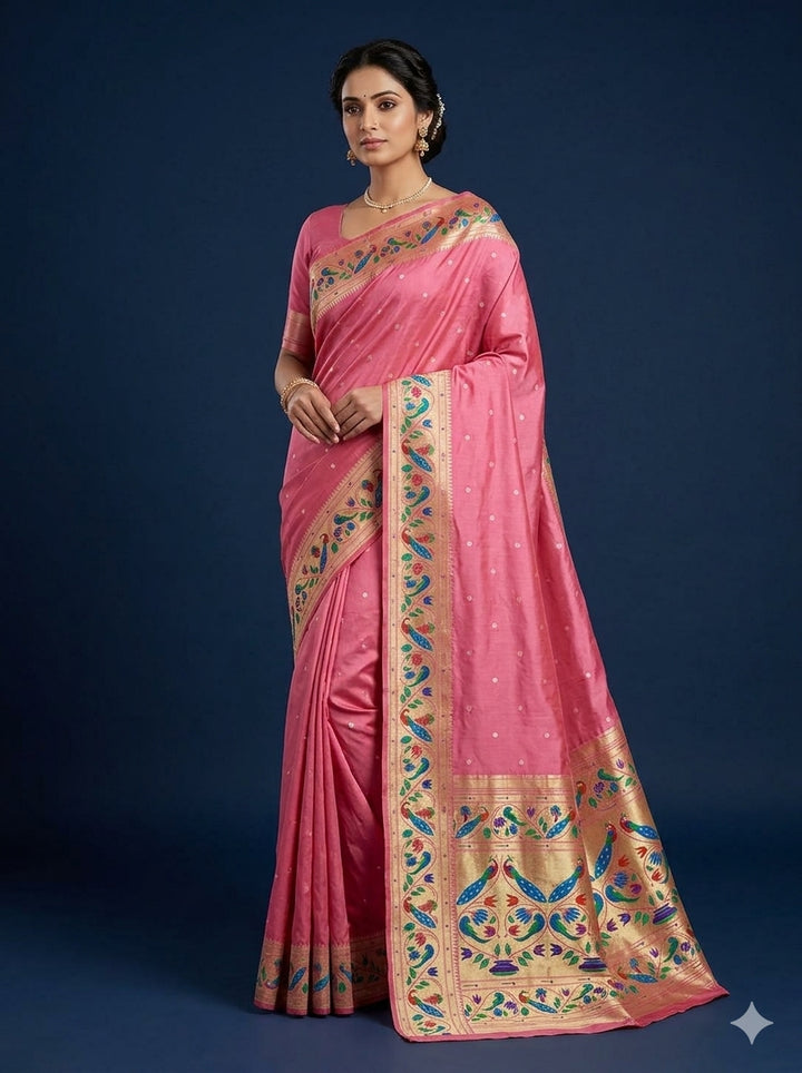 Baby pink lotus and peacock border semi paithani saree