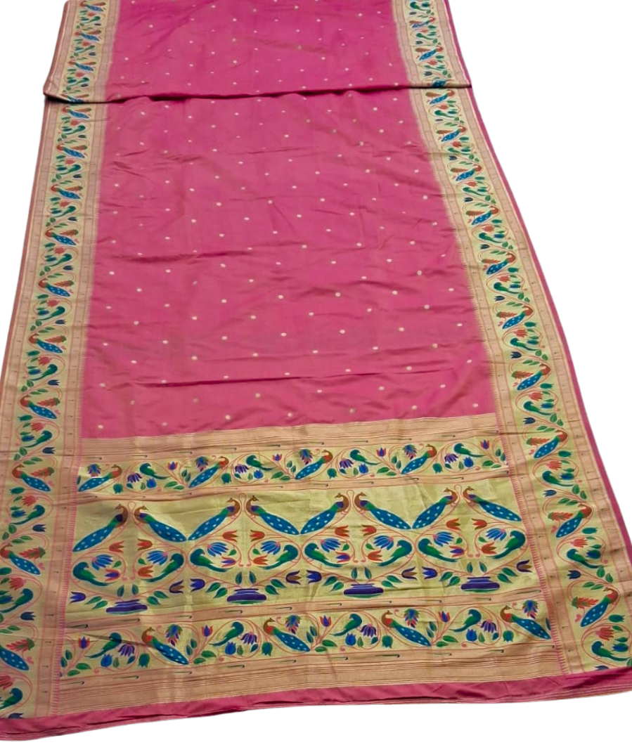 Baby pink lotus and peacock border semi paithani saree