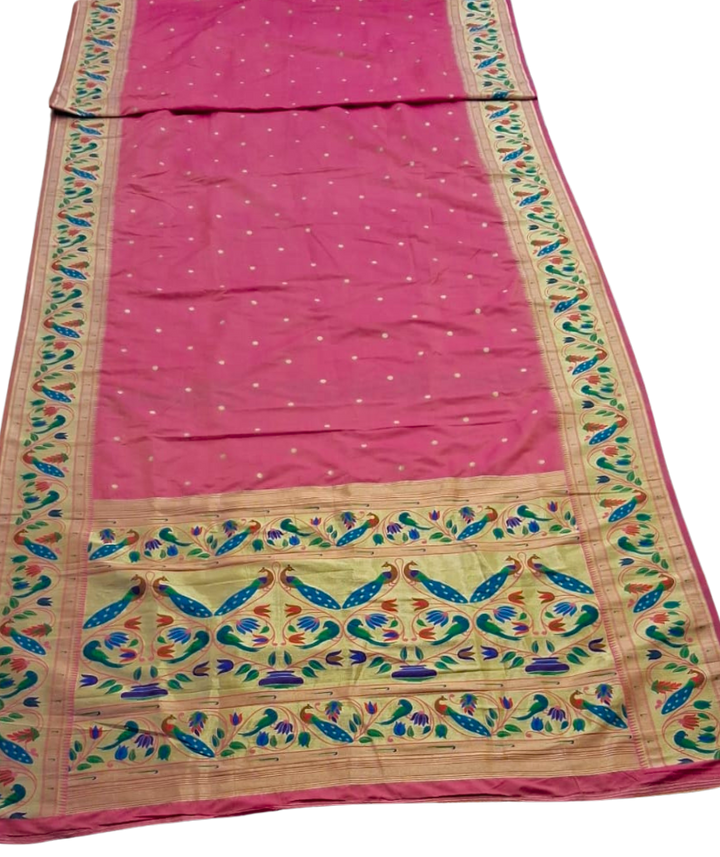 Baby pink lotus and peacock border semi paithani saree