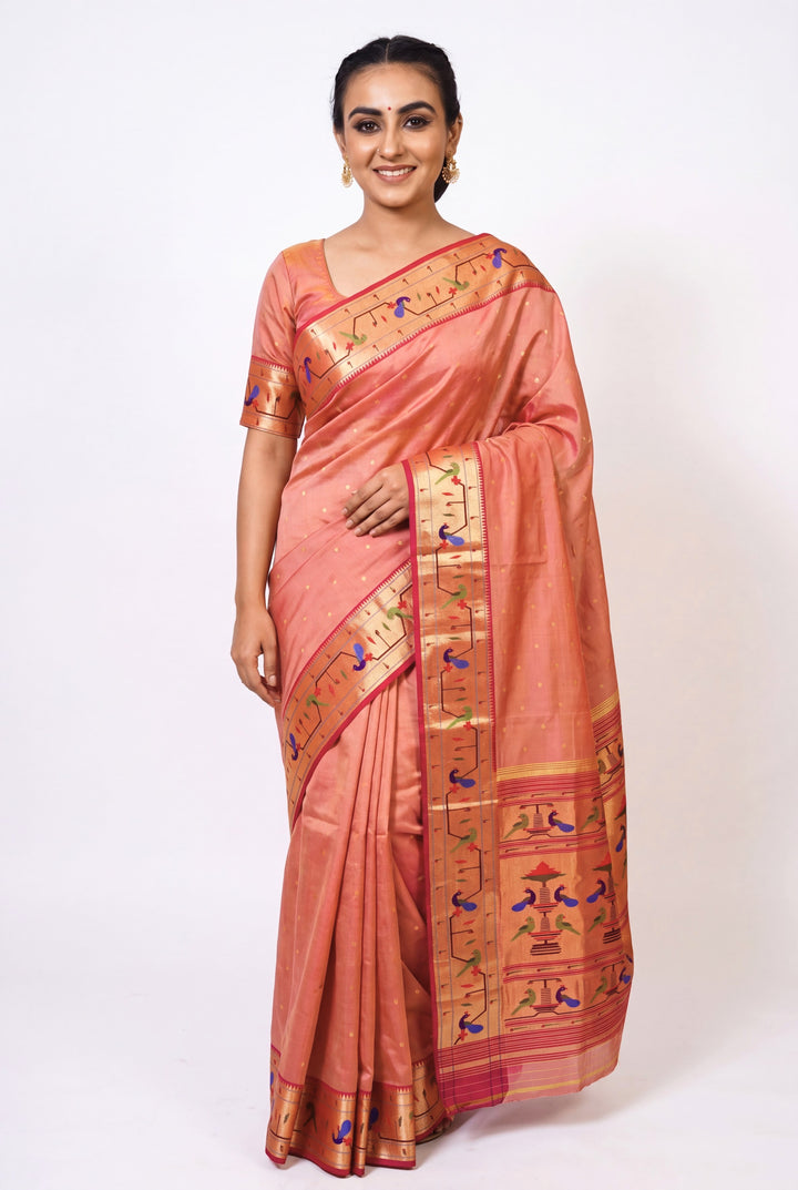 Dual-tone peach pink silk paithani saree