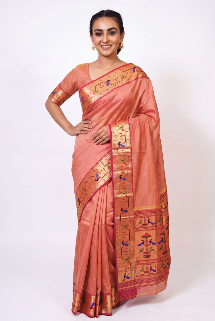Dual-tone peach pink silk paithani saree