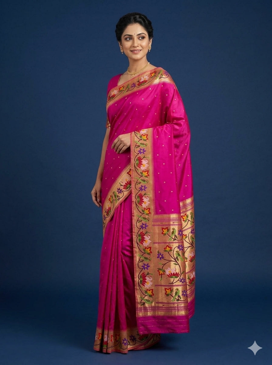 Rani Pink Swan Border Silk Paithani Saree