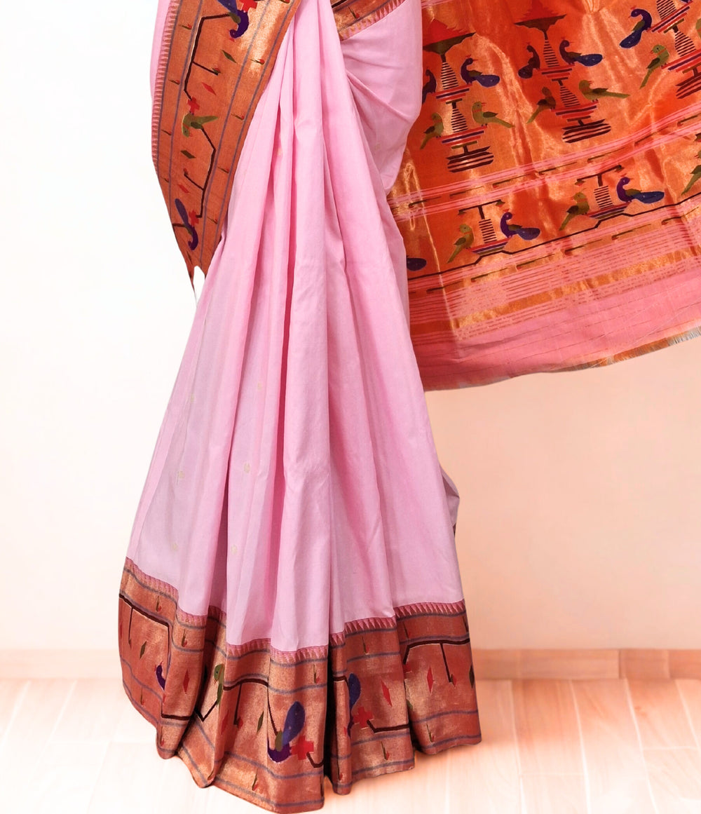 Baby Pink Parrot Peacock Border Paithani Saree