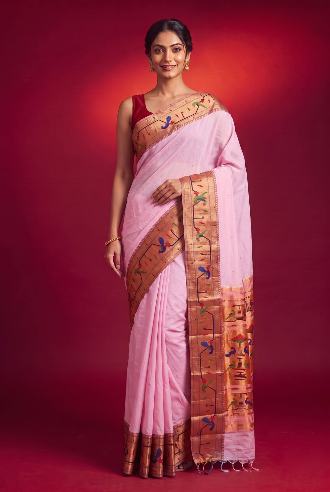 Baby Pink Parrot Peacock Border Paithani Saree