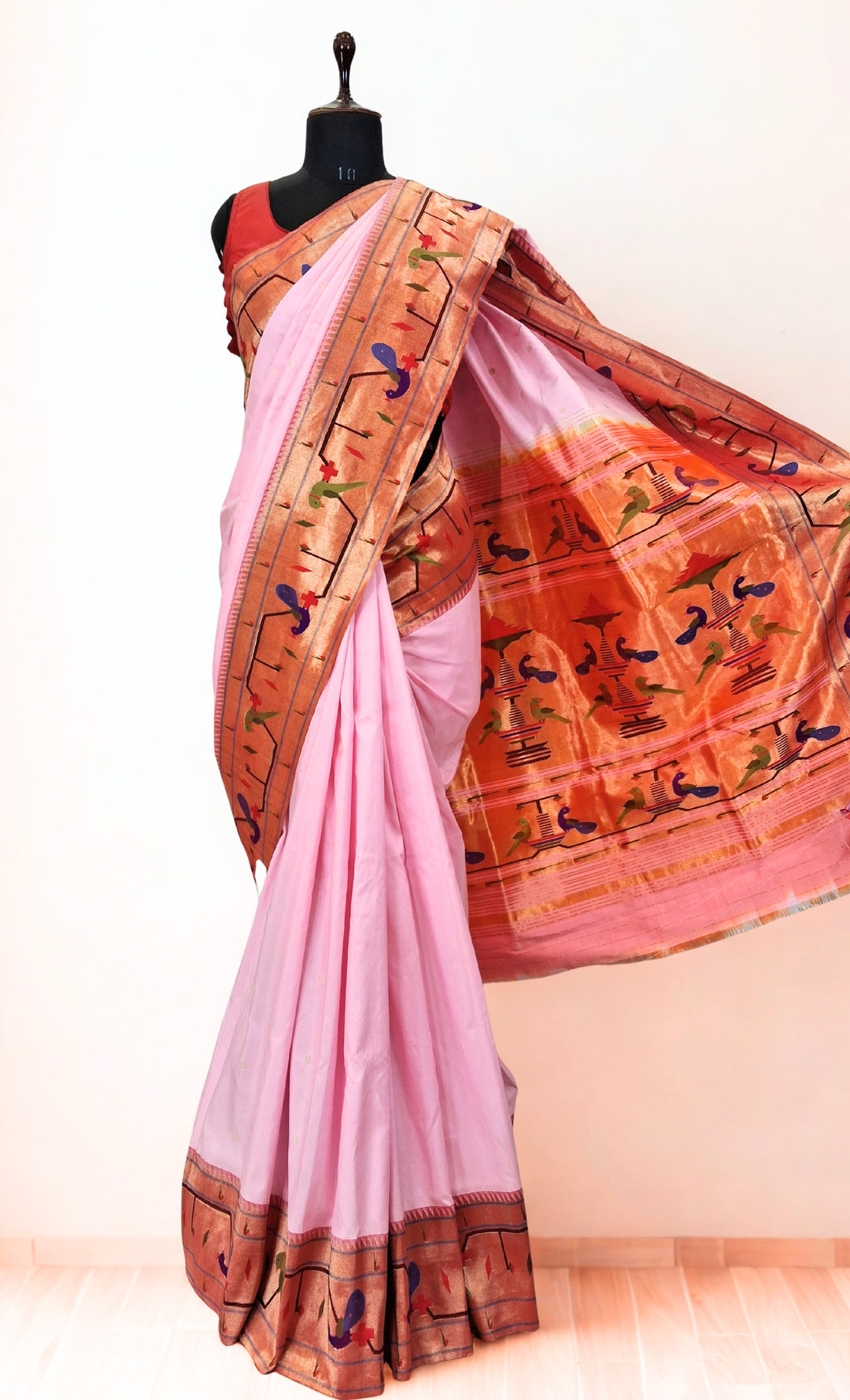 Baby Pink Parrot Peacock Border Paithani Saree