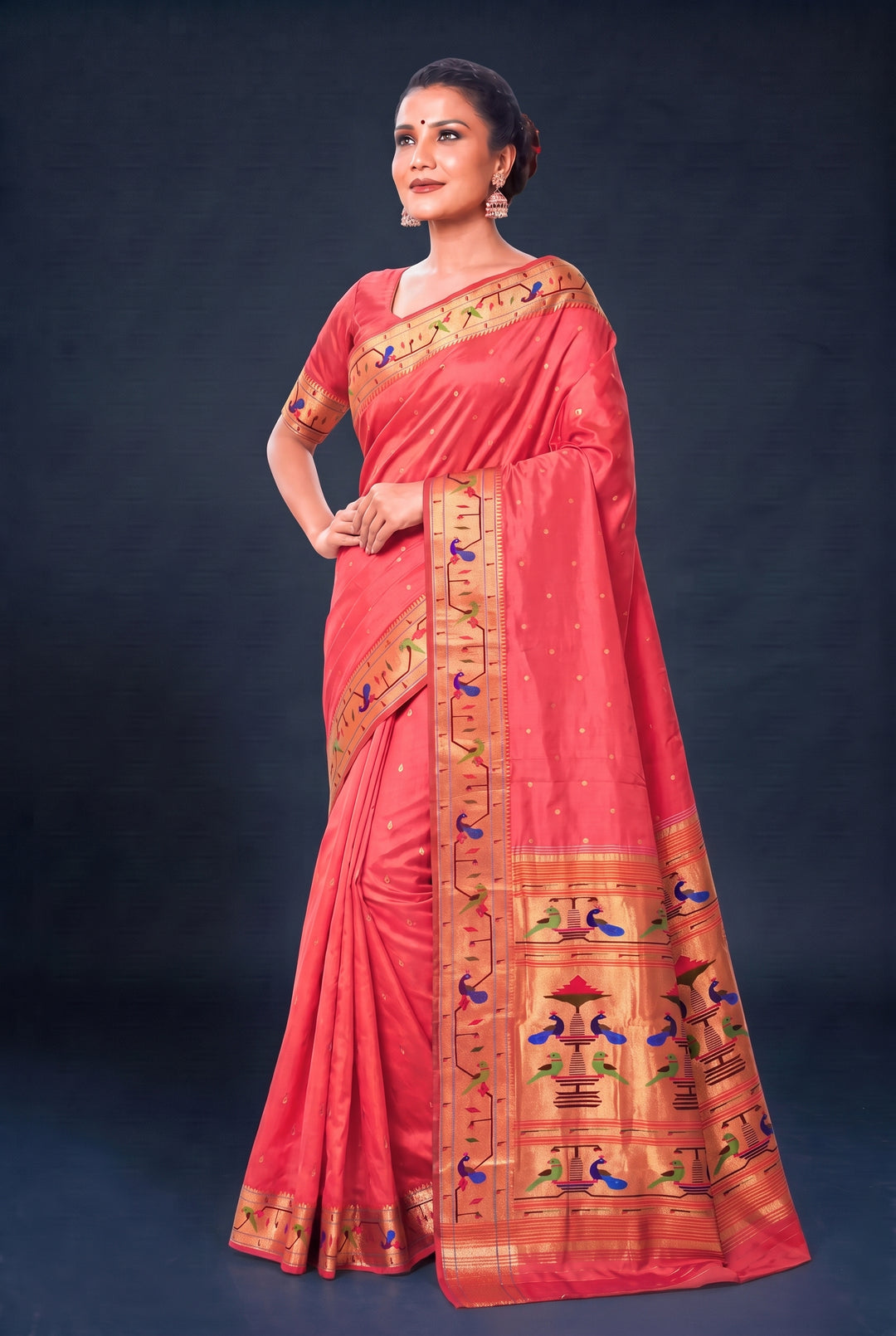 Carrot Pink Silk Paithani Saree