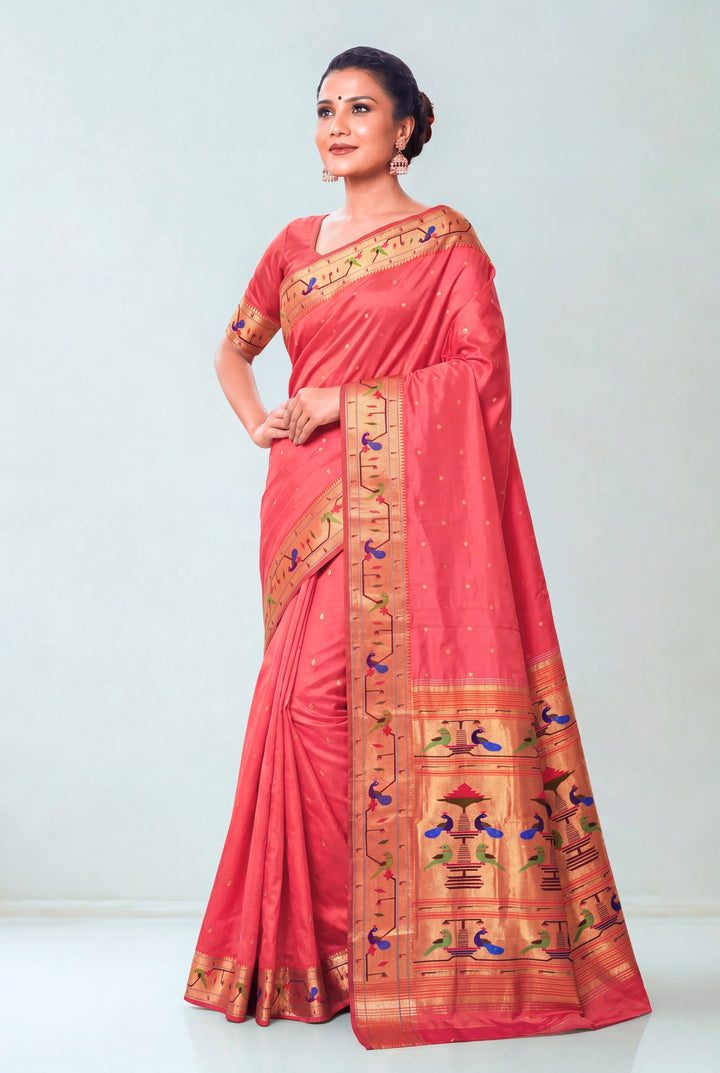 Carrot Pink Silk Paithani Saree