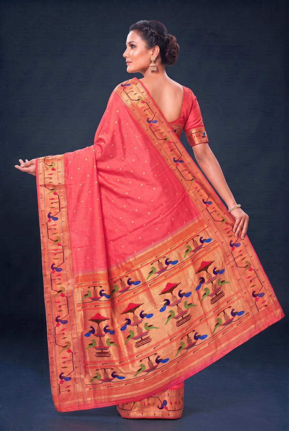 Carrot Pink Silk Paithani Saree