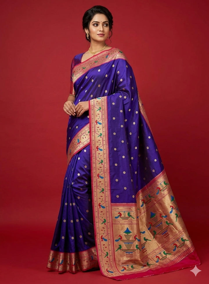 Purple parrot and peacock border semi paithani saree