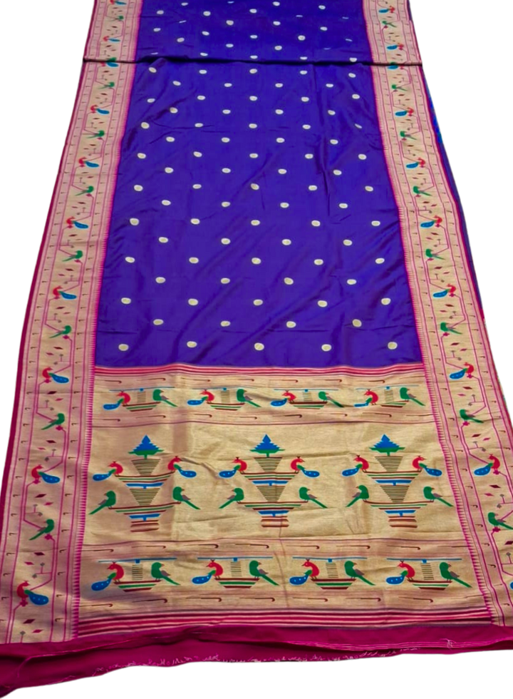 Purple parrot and peacock border semi paithani saree