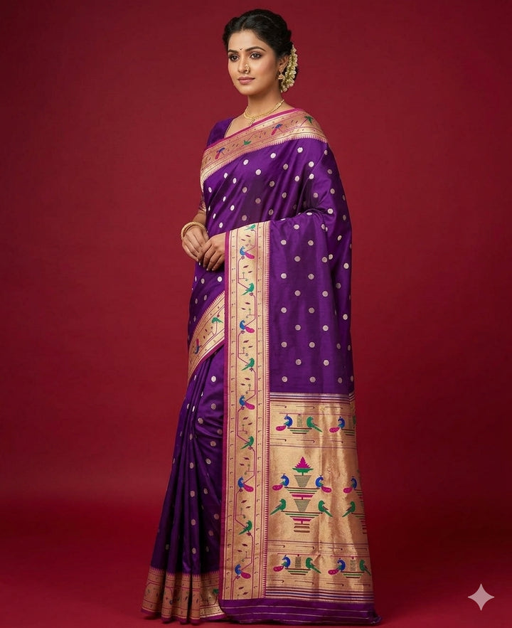 Purple parrot and peacock border semi paithani saree