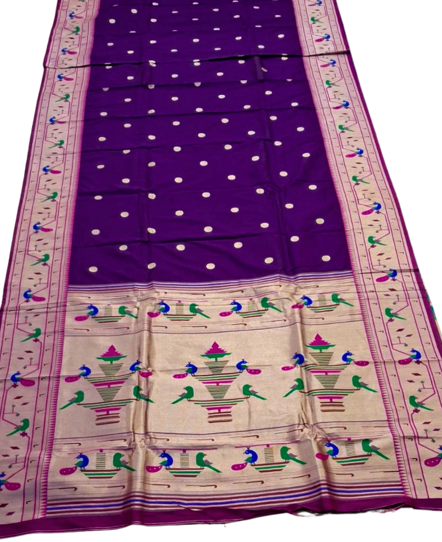 Purple parrot and peacock border semi paithani saree