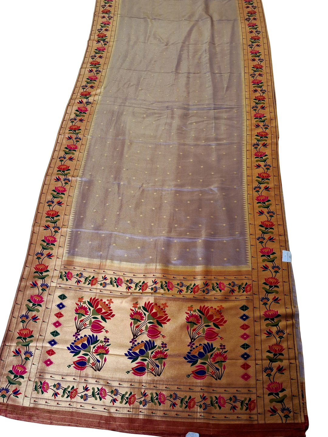 Beige lotus border blended fabric saree