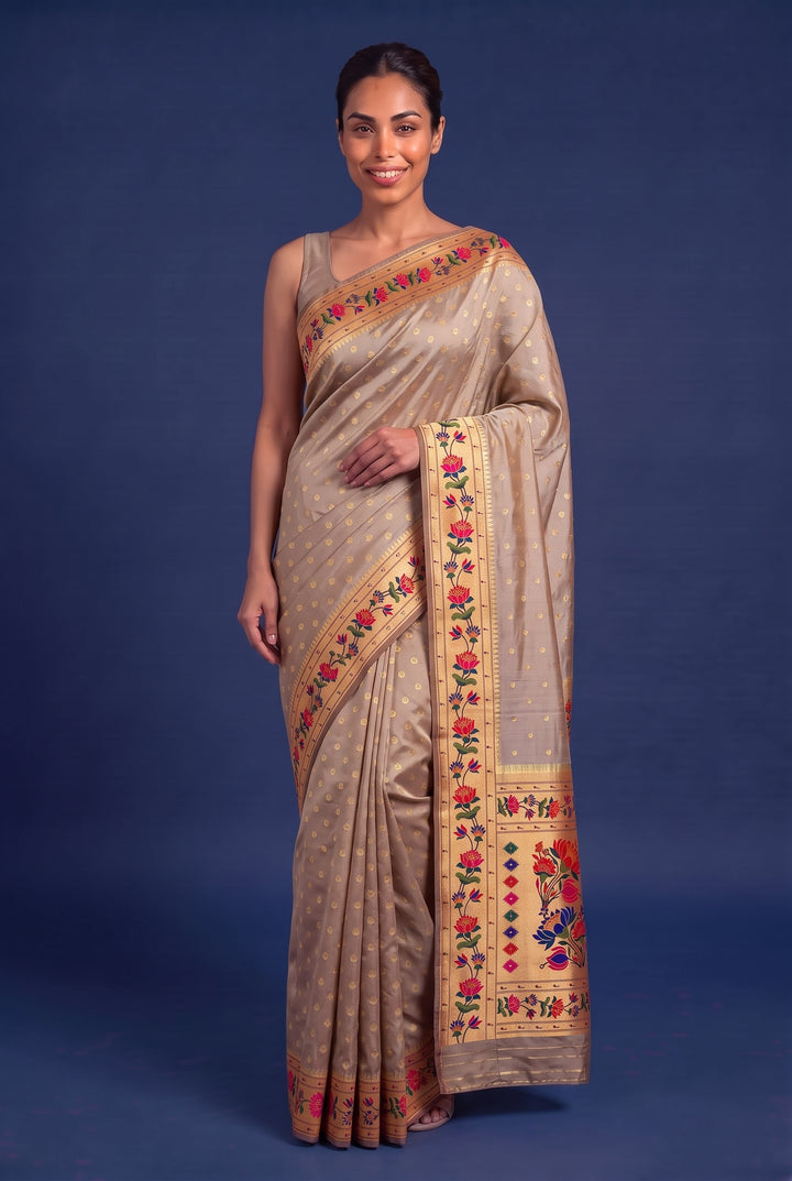 Beige lotus border blended fabric saree