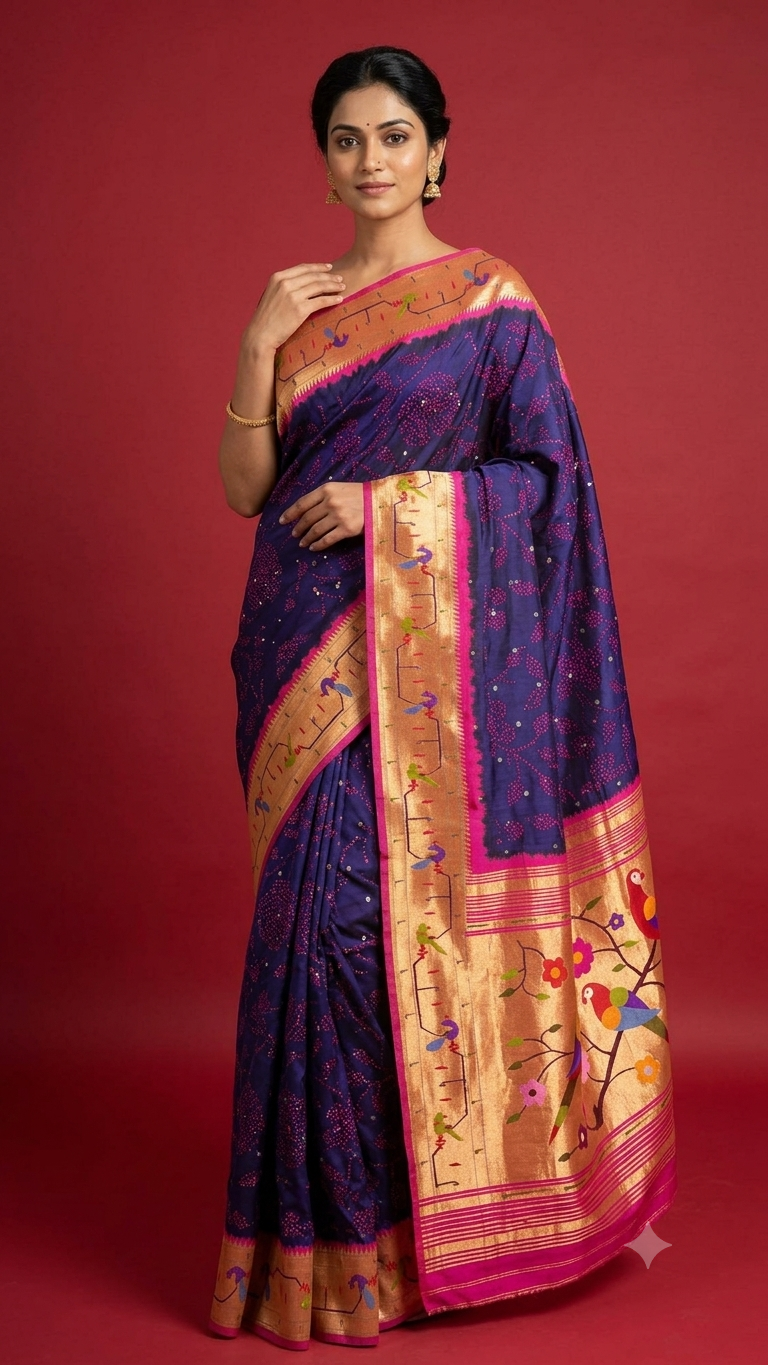 Purple Bandhani Silk Paithani Saree