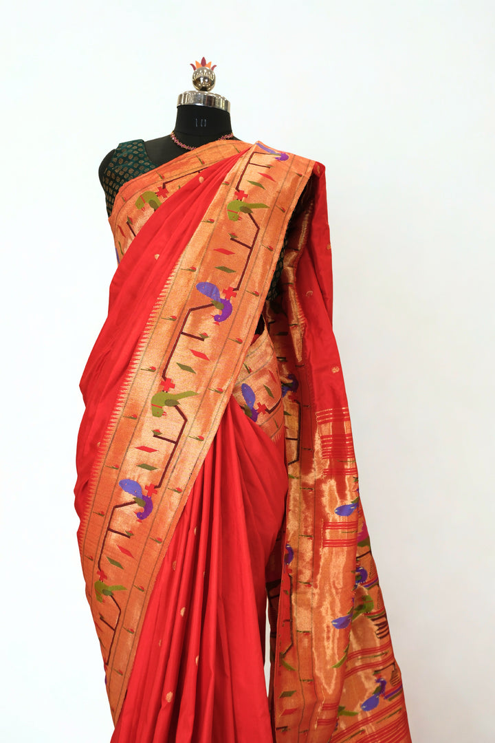 Red parrot and peacock border silk paithani saree