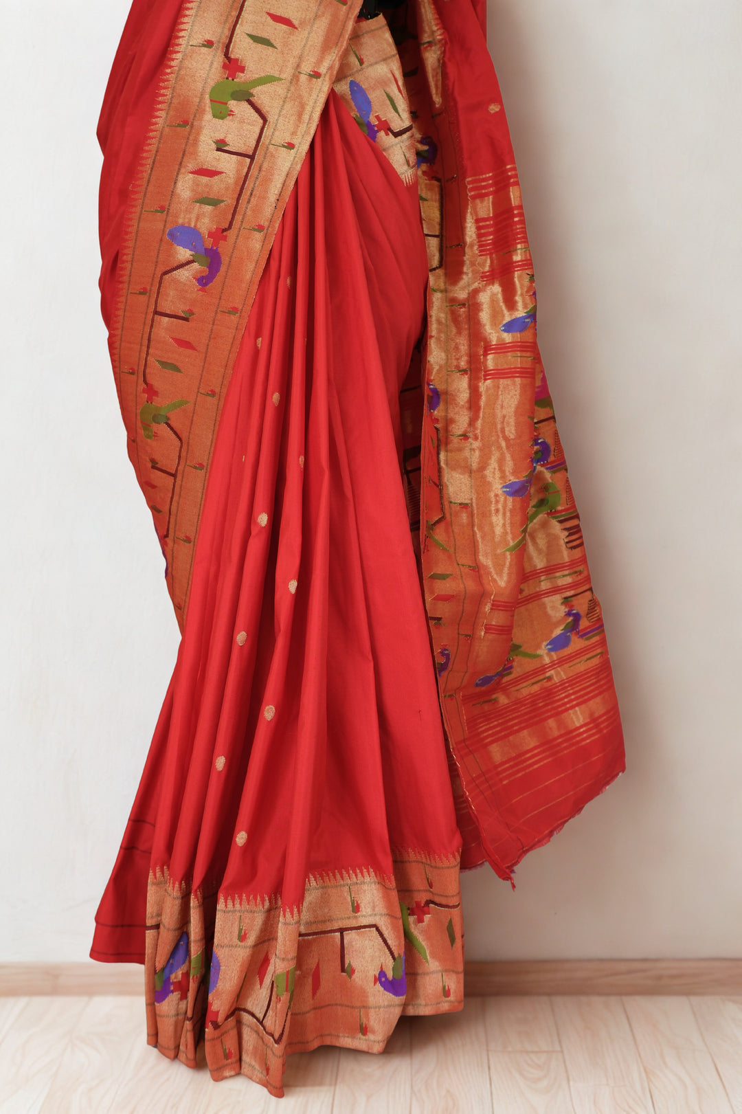 Red parrot and peacock border silk paithani saree