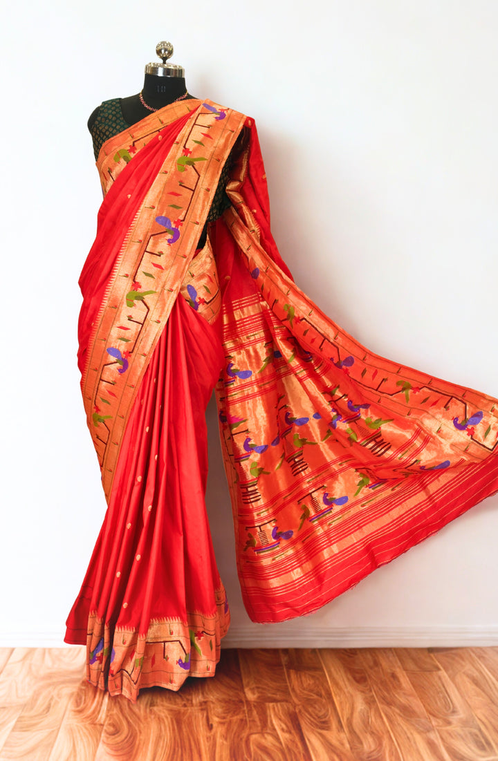 Red parrot and peacock border silk paithani saree