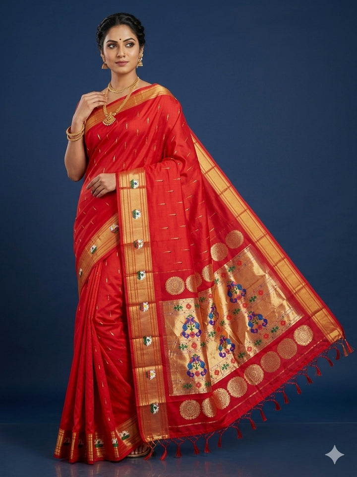 Red swan border paithani silk saree
